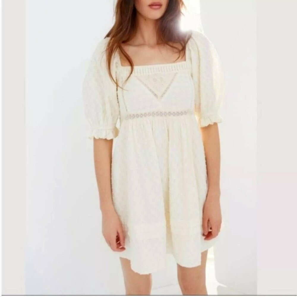 Urban Outfitters Cream Embroidered Babydoll Mini Dress Size S